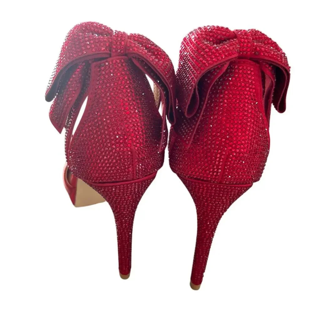 Lauren Lorraine Red Satin & Crystal Embellished Bow Ankle Strap Heels